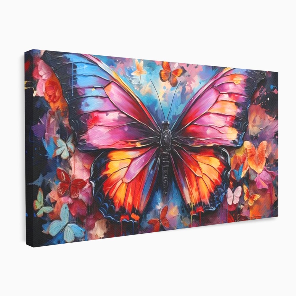 Tablou canvas cu tablou canvas cu fluture central multicolor, fara rama, pe sasiu de lemn